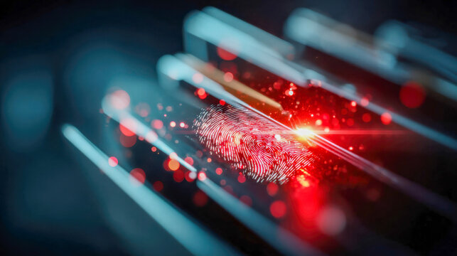 Red file folders with glowing fingerprint icon symbolizing secure digital identity and protected document access