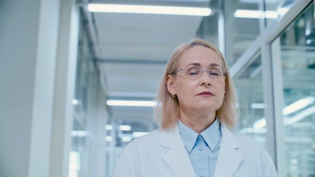 Middle aged female medical researcher in lab coat looking around as walking through laboratory hallway with glass partitions
