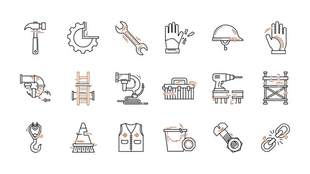 Essential Construction Icons: A comprehensive set of construction icons, symbolizing the fundamental tools and equipment integral to building and repair processes.