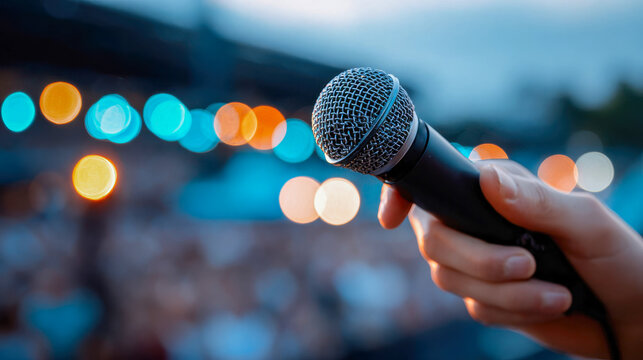 Hand holding microphone before a blurred crowd, public speaking, performance and event communication concept