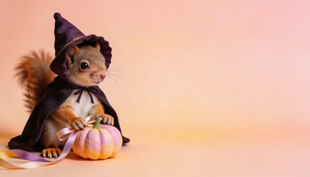 A charming squirrel dressed in a witch costume, sitting with a small pumpkin against a pastel background.