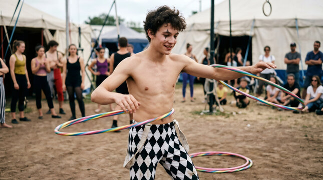 Young male circus performer spinning colorful hula hoops outdoors. Artist training for show in tent camp. Concept of circus arts, skill, physical agility and talent in performance.