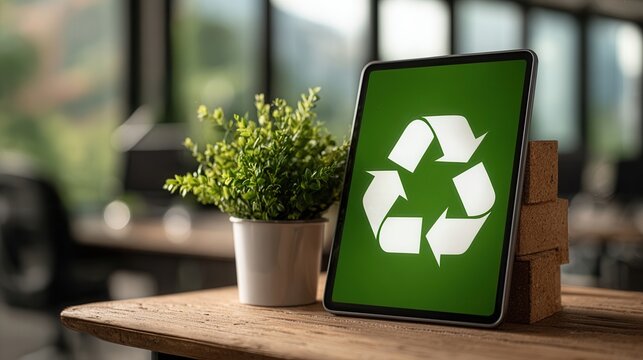 Zero waste strategy implementation office environment digital tablet display sustainable living eco-friendly concept
