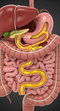 Detailed 3D rendering of the human digestive system with highlighted food path.