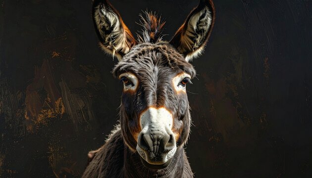 Close-up portrait of a domestic donkey with a dark background.