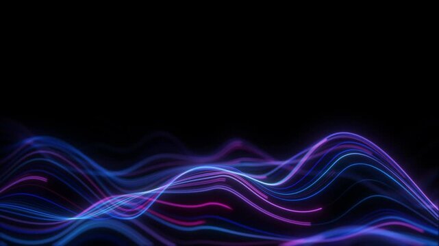 Multicolored sound waves frequency on black background. Blue pink neon audio waveform graph flowing smoothly, audio visualizer, sound analyzer screen, music wave interface, glowing seamless loop,
