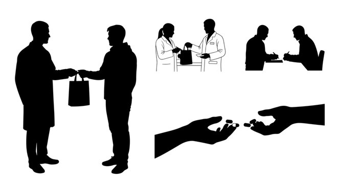 Silhouette of business people exchanging goods.