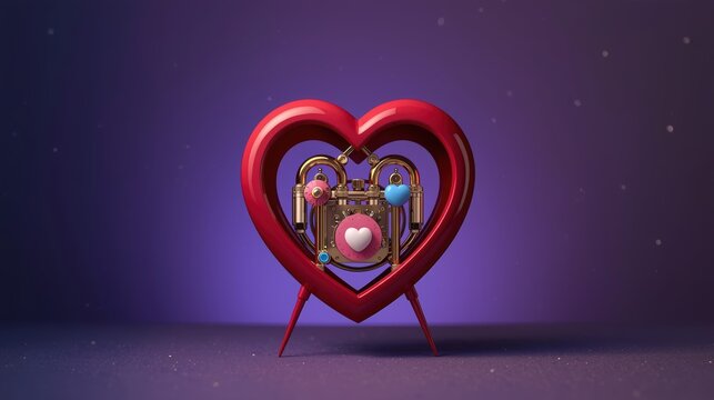 A surreal artistic rendering of a clock shaped like a red heart with internal mechanical gears isolated on white background