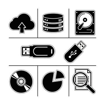 Digital Storage and Data Management Icons: Cloud, HDD, USB, CD, Pie Chart, Magnifier