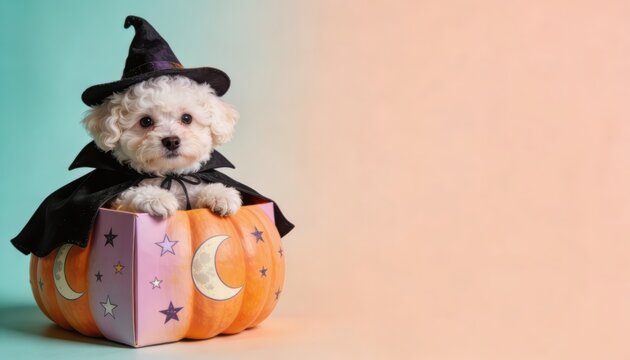 Adorable puppy in a witch costume sitting in a decorative pumpkin. Perfect for Halloween-themed pet photography.