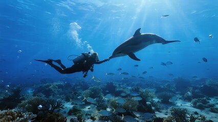 Scuba diver interacts with dolphin in clear blue ocean over coral reef © zhang yongxin