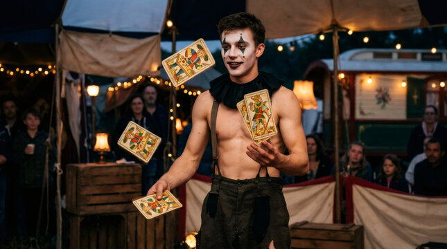 Juggler performing card magic trick in circus. Man with painted face throwing playing card in air. Street entertainer showing skills to audience. Performance, entertainment and carnival skill.