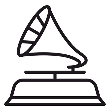 Vintage gramophone vector icon illustration. Minimalist black line art of a classic phonograph record player, perfect for music, retro technology, and award-themed graphic design projects.