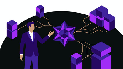 Man stands before abstract purple shapes connected by golden branching lines. Suitable for tech, business, innovation concepts. © Luqman