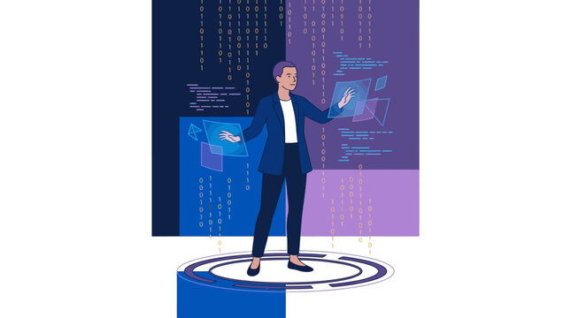 Woman engaging with digital code and interfaces on a platform. Perfect for technology, coding, programming concepts in digital marketing or education projects.