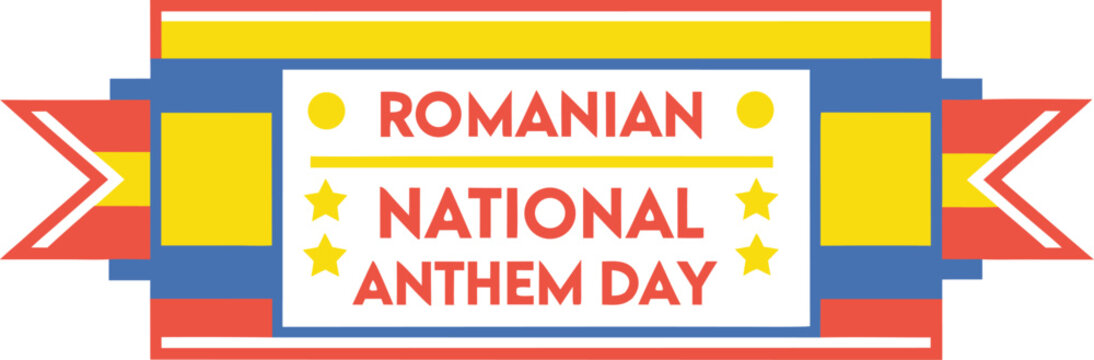 Romanian national anthem day label with yellow stars and red blue yellow stripes