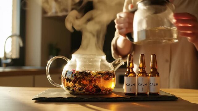 A skilled hand pours steaming water into a glass teapot filled with vibrant herbal ingredients, creating a peaceful atmosphere. Aromas fill the sunlit kitchen as calmness unfolds.