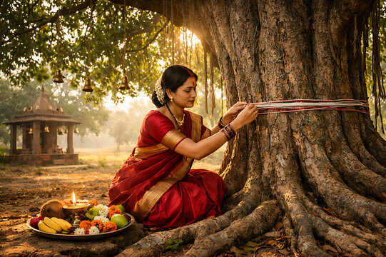 Graceful married women observing Vat Purnima, Vat Savitri Vrat, Vat Purnima Pournima fasting, tying sacred threads around banyan tree, seeking blessings for marital happiness and eternal togetherness