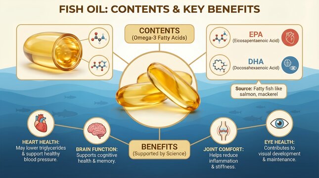 Golden Fish Oil Capsules and Omega 3 Benefits Infographic on Wavy Blue Background