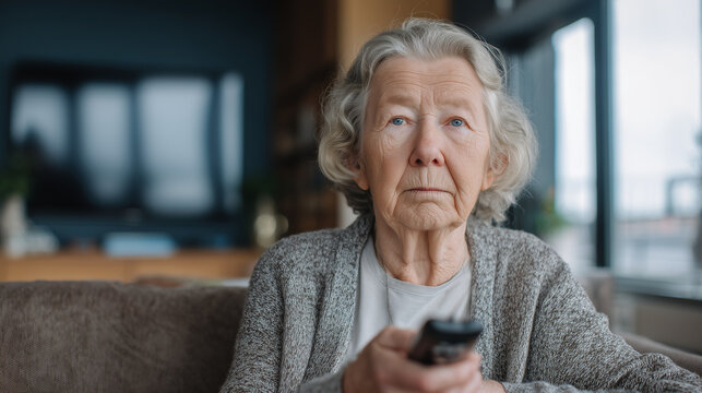 Confused Elderly Woman Holding TV Remote on Sofa in Dark Living Room, Alzheimer's and Dementia Concept.