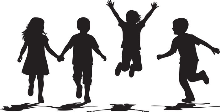 Four people dancing in black silhouettes against a white background dancing figures celebration