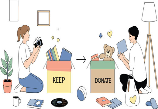 Young couple sorting household items into keep and donate boxes for home organization decluttering and charitable giving vector