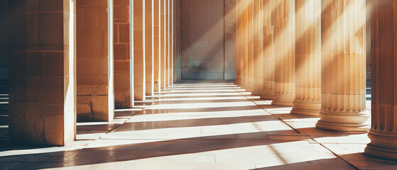 Naklejka premium Majestic row of classical stone columns bathed in warm sunlight, casting long shadows across the smooth tiled floor. A timeless architectural scene evoking elegance, structure, and grandeur.