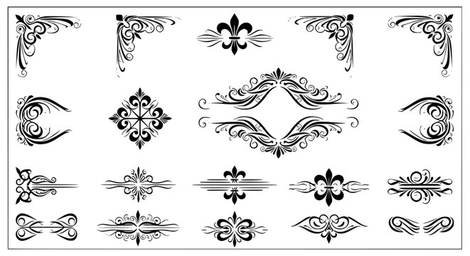 Collection of elegant vector decorative elements featuring ornate flourishes, dividers, and corner borders for classic graphic design projects and vintage illustrations on a white background.