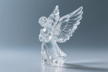 Fototapeta premium Transparent crystal angel figurine with outstretched wings, standing on a reflective surface against a gradient background