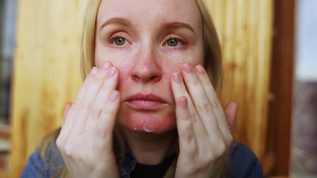 Rosacea and couperosis of the skin. The girl suffers from redness on her cheeks or sunburn symptoms. Redness and capillary mesh are visible on the face. Vascular surgery and dermatology
