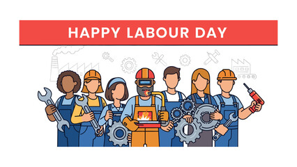 Labor Day Celebration: A diverse group of workers stands united, tools in hand, celebrating the achievements of Labor Day. Showcasing solidarity and the value of hard work. © Rahimatul