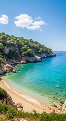 Fototapeta premium A serene beach scene with clear turquoise water, surrounded by lush greenery and rugged cliffs under a blue sky.