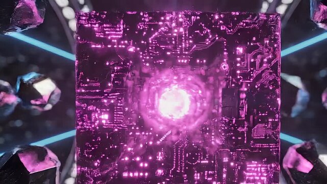 Digital cube rotating in cyberspace, zooming shot