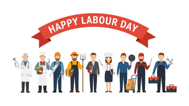 Celebration of Labor Day: A diverse and jubilant display of various professions united under the banner of Labor Day, symbolizing respect for every occupation.