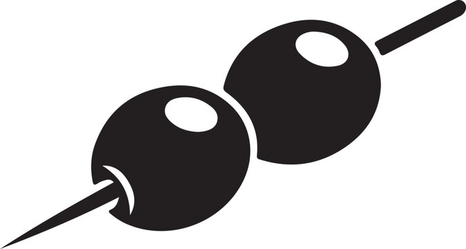 Simple black and white icon of three round black olives skewered on a stick. Olive Skewer Icon &ndash; Minimal Food Appetizer Symbol