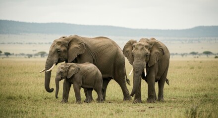 Obraz premium Three elephants, including a calf, stand in a savanna landscape