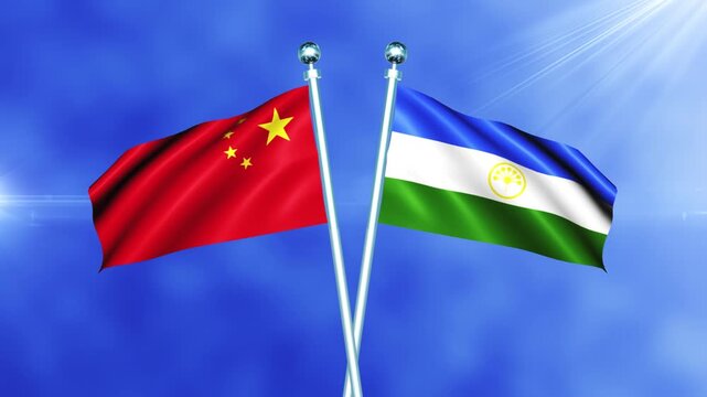 China and Bashkortostan Flag Waving On Pole Loop