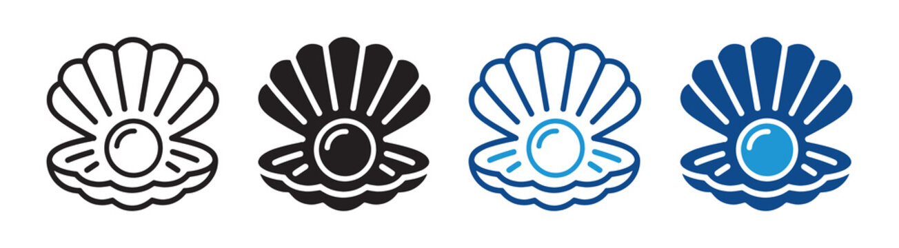 Pearl shell icon set open seashell with pearl symbols in outline and solid style vector illustration collection