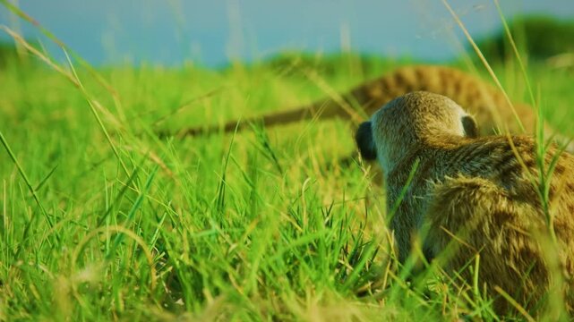Meerkat or suricate (Suricata suricatta) eating insects from grass in Serengeti national park of tanzania.