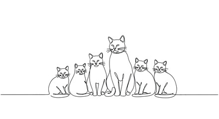 Family of cats sitting together   continuous one line drawing of felines © Line Lab