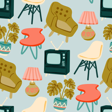 Retro mid century modern furniture seamless pattern with vintage television set monstera plant in pot eames chair and hand drawn home interior elements in 1950s aesthetic
