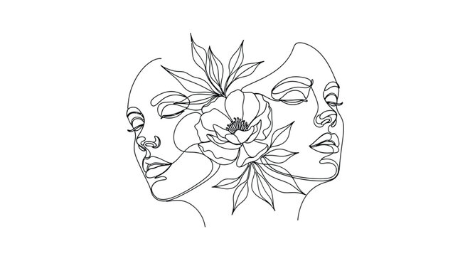 Two women faces line art illustration with floral element. beauty concept