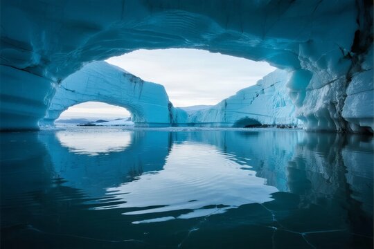 Ice cave with calm water reflecting blue ice formations and arched ceiling