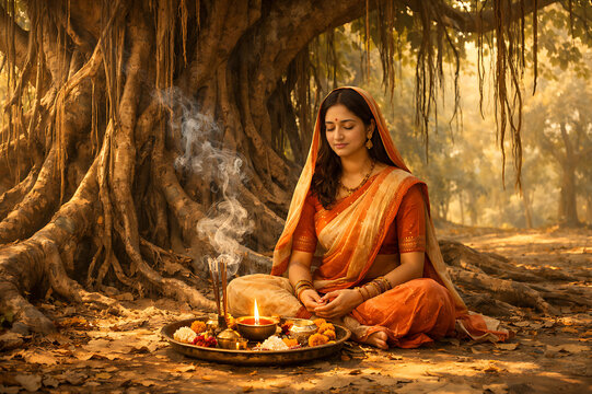 Graceful married women observing Vat Purnima, Vat Savitri Vrat, Vat Purnima Pournima fasting, tying sacred threads around banyan tree, seeking blessings for marital happiness and eternal togetherness
