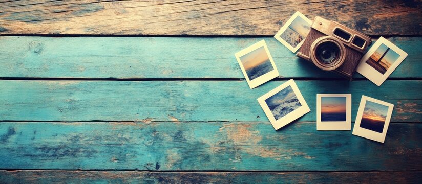 Nostalgic Travel Memories: Vintage Camera, Instant Ocean Photos on Rustic Teal Wood
