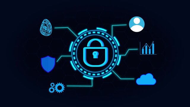 Cybersecurity padlock icon central to a dynamic digital network with radiating glowing lines on a dark hexagonal grid technology background