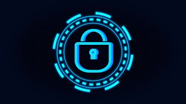 Cybersecurity lock icon with a vibrant blue futuristic digital interface on a dark hexagonal grid technology background representing data protection