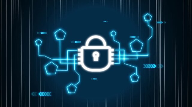 White glowing padlock icon anchoring a complex blue network connecting pentagonal data nodes on a dark digital technology background