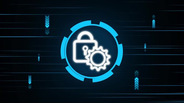 White glowing padlock and gear icons within a segmented blue circular frame representing secure system settings and operational security