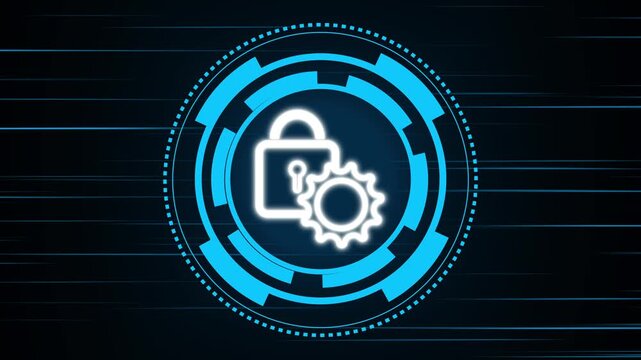 White glowing padlock and gear icons encircled by a dotted blue ring symbolizing secure configuration and robust system operation